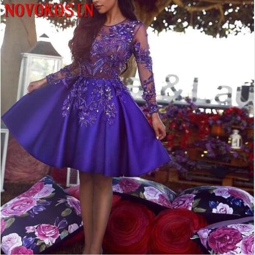 Arabic Royal Purple Short Cocktail Homecoming Dresses 2019 Vintage Long Sleeve A Line Sheer Neck Applique Beaded Dress Prom Gown