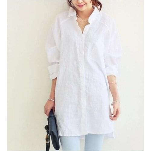 Oversized Long Style White Blouse Women Tops Streetwear Long Sleeve Shirt 2020 Summer Lapel Ladies Cotton Linen Blouse