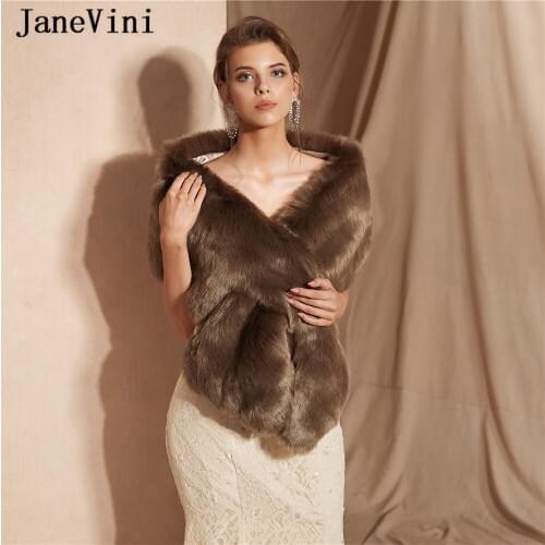 JaneVini New Fashion Winter Faux Fur Wraps Bridal Bolero Cloak Female Shawls Evening Cape Mariage Warm Short Wedding Accessories