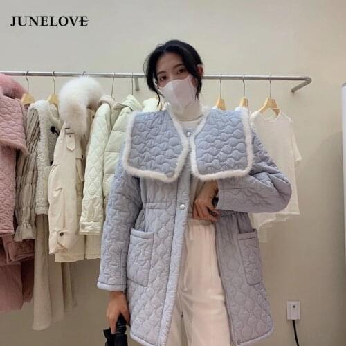 JuneLove 2021 Women Blue Elegant Sailor Collar Warm Parkas Lady Pocket Cute Cotton-Padded Korean Female Winter Warm New Outwears