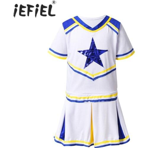 Kids Girls Cheerleader Costume Uniform Outfit Stars Applique Tops Pleated Skirt School Performance Dance Competition Clothes