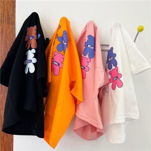 2021 Summer Kids T-shirt Bear Print Tees Cotton Girls Tops Korean Clothes Casual Boys Clothing Candy Color Sun Girl