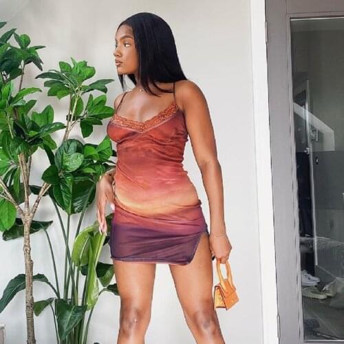 Tie Dye Print Backless Mini Dress Women 2021 Summer Sexy Sleeveless Lace Flower Tight Side Split Dress Woman Party Dresses 2021