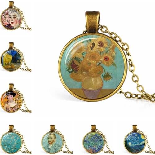 Fashion Jewelry with Antique Bronze Gustav Klimt The Kiss Pattern Necklace Glass Dome Cabochon Pendant Chain Women Girl Gift