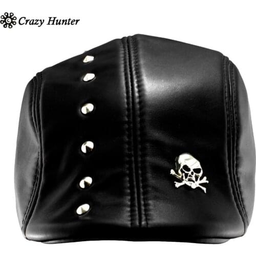 Men Leather Flat Ivy Cap Newsboy Gatsby Golf Biker Rock Caps Studded