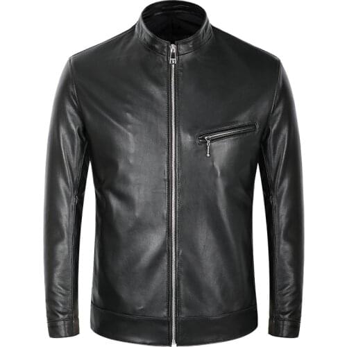 Mens Sheepskin Genuine Leather Jackets Autumn Spring Slim Motorcycle Biker Jacket Male Real Leather Coats Black Stand Collar