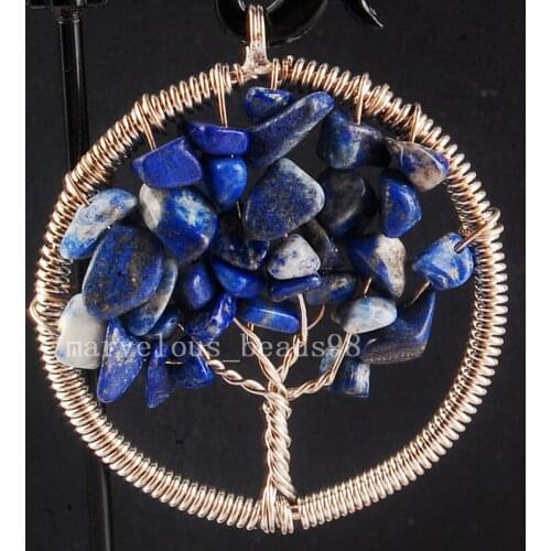 New Fashion 40mm Tree of life - Natural Lapis Lazuli Crystal Wire Wrap Round Pendant Free Shipping MC4024