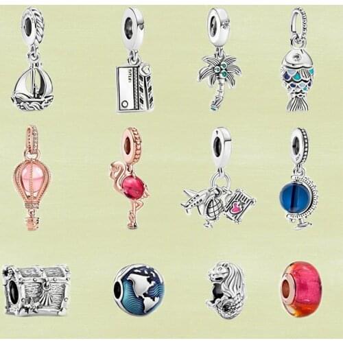 2021 Summer New S925 Silver Blue Globe, Movie Clapper, Merlion, Sailboat Dangle Charm, High-quality Jewelry For Ladies As Gifts