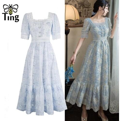 Tingfly Sweet Soft Girl A Line Dress Summer Lace Embroidery Button Decor Party Dresses Casual Street Boho Vestidos Midi Feminino