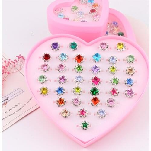 Adjustable Rhinestone Rings Princess Party Favors Kids Girls Acrylic Ring Accessories Beauty Toys lovely pink heart box gift