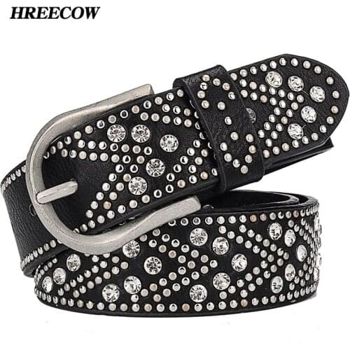 New PU Individuality Rivet Inlay Ancient Belt For Women Fashion Pin Buckle Waist Women Belts Luxury Brands Leather Belt Female