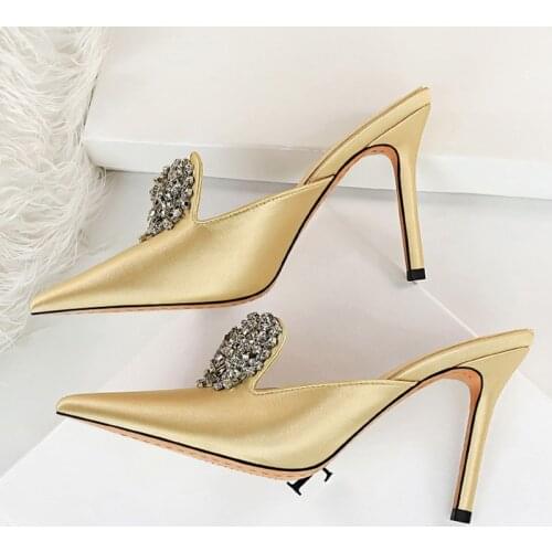 2021 Luxury Women 10.5cm Hig Heels Slides Gold Crystal Silk Satin Mules Female Heels Closed Toe Slippers Slip On Prom Shoes