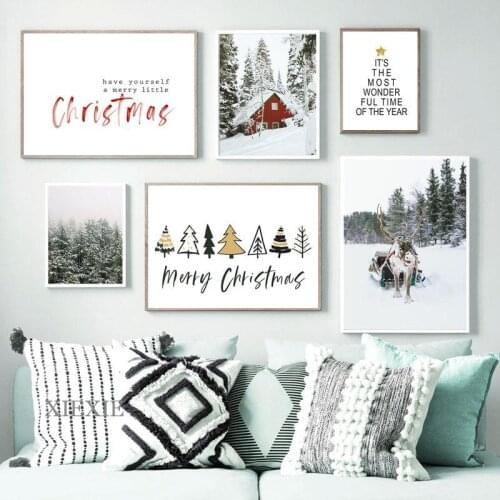 Modern Minimalist Poster Christmas Tree Santa Elk Canvas Painting Snow Scene for Living Room Room Family Holiday Decoration