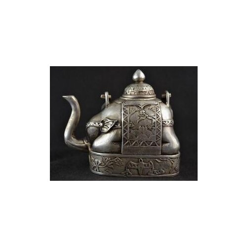 Old Tibetan Old Collectibles Decorated Handwork Miao Silver Carve Elephant Lucky Big Tea Pot bronze factory outletsroom