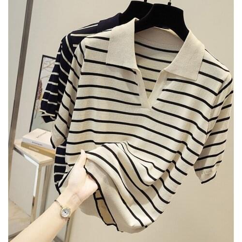 2021 Summer Spring Casual Tshirts Cotton Women Summer Short Sleeve Crop T Shirt Ladies Turn-Down Collar Stripe Tee Shir