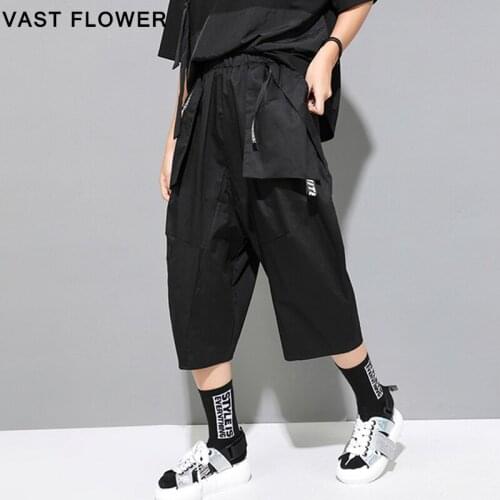 Pocket Spliced Black Casual Harem Pants Women Ribbon Cotton Loose Elastic Waist 2021 New Summer Fashion Calf Length Trousers
