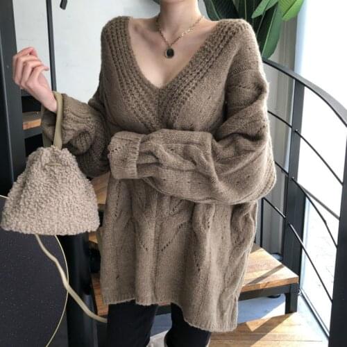 2020 Women Autumn Winter Sexy V Neck Twist Hollow Out Long Sweater Oversized Full Sleeve Split Hem Knitted Pullovers Jumpers
