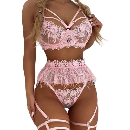 Women Sexy Lingerie Set Steel Ring Bra Embroidery Underwear G-String Lingerie Garter Belt Thong With Feather Erotic Sex Costume
