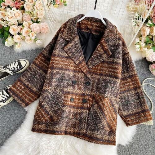 Women Office Lady Plaid Double Breasted Tweed Blazer Coat Vintage Fashion Long Sleeve Pockets Ladies Outerwear Chic Tops