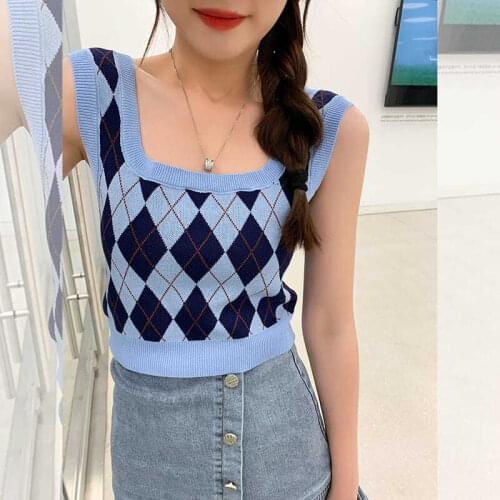 Diamond lattice knitted waistcoat vest women 2021 summer new style square neck slim short short top thin section