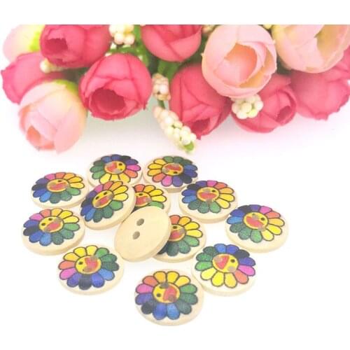 50PCs Wooden Sewing Buttons Scrapbooking Round Two Holes Flower Pattern 15mm Dia. buttons for clothing decorative B20069
