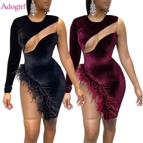 Adogirl Sexy Sheer Mesh Patchwork Velvet Mini Dress Women One Long Shoulder Feather Night Club Short Bodycon Vestidos Robes