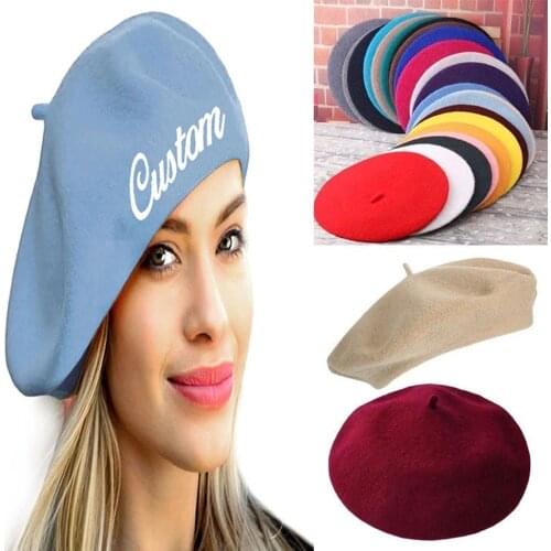 Custom Embroidery Logo Text Name Women Girl Beret French Artist Warm Wool Winter Beanie Hat Cap Vintage Plain Beret Hats
