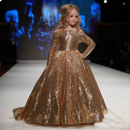 Sparkly Gold Girls Pageant Dresses Long Sleeve Sequin Shiny Children Formal Birthday Gowns First Communion Dress