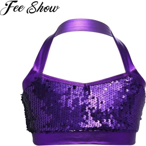 FEESHOW Mermaid Cosplay Costume for Kids Girls Glitter Shiny Halter Sequins Bra Tops Crop Top Child Ballet Stage Dance Clothes