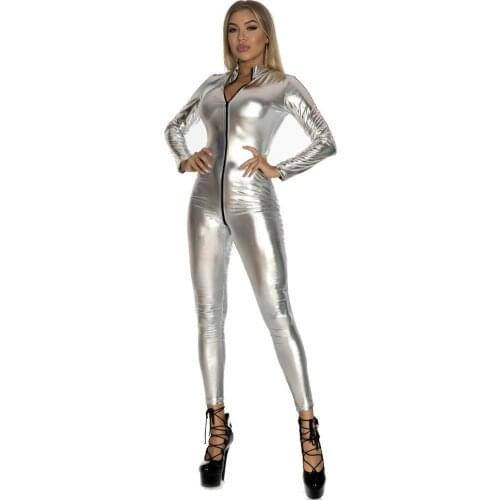 Shiny Glue Coated PU Bodycon Jumpsuit Long Sleeve Zipper Open Crotch Bodysuit Cosplay Performance Night Clubwear Body Overalls