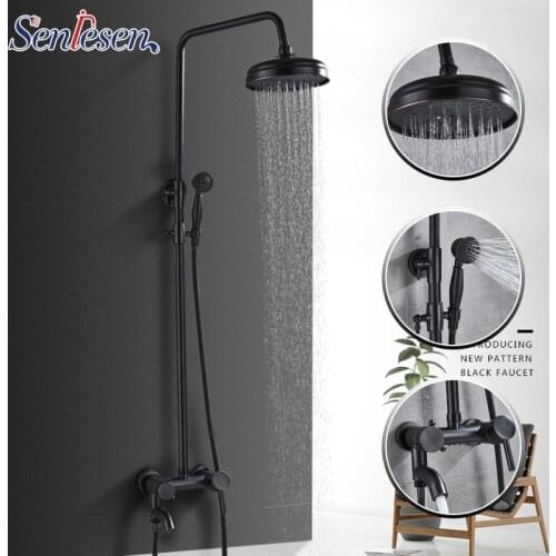 Senlesen Bronze Brass Wall Mounted 8" Rain Shower Faucet Mixer Set For Bathroom 180 Degree Swivel Tub Spout W/Hand Shower