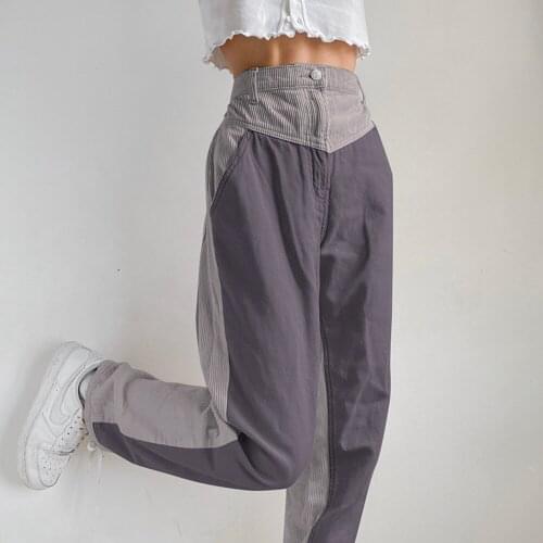 Korean Cargo Pants Preppy Style Two Color Patchwork Trousers 90s Streetwear Casual Jeans Harajuku High Waist Capris Joggers