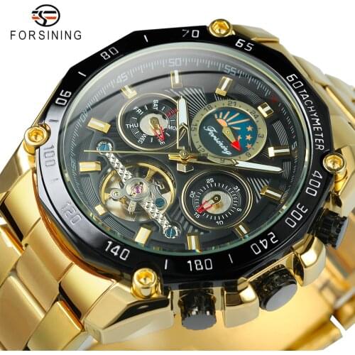 Forsining Brand Golden Male Mechanical Watches Automatic Watch Men Multifunction Tourbillon Moon Phase Racing Sport Steel Band