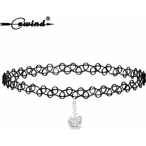 Cxwind Elastic Black Lace Choker Crown Necklaces Women Fashion Punk Gothic Crown Crystal Pendant Neck Goth Bohomia Jewelry