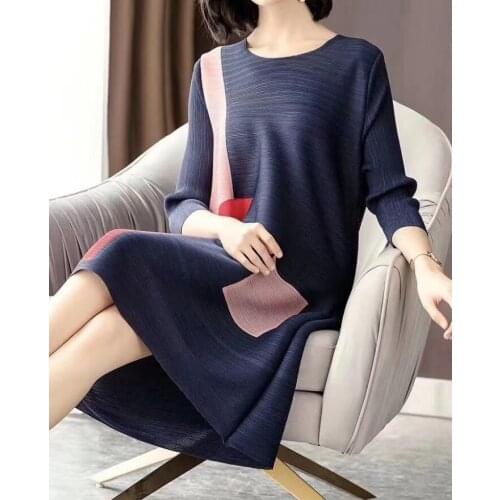 HOT SELLING Miyake summer fashion patchwork pleated loose o-neck three quarter dress