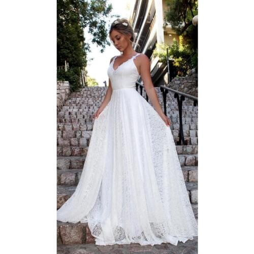 LZL Home Beach Wedding Lace Embroidery Sleeveless Wedding Dress White V-Neck Bridal Gown 2020 Tulle Vestido Noiva