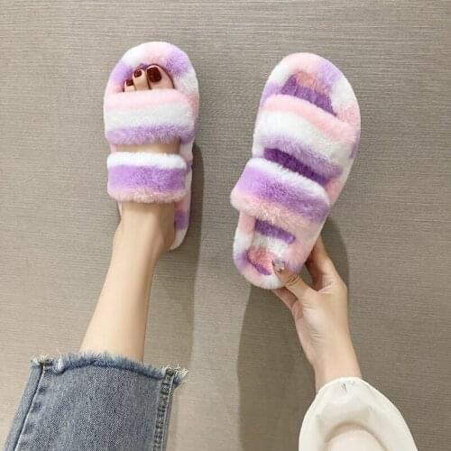 Furry Slippers Fur Slides For Women Faux Fur Sliders Indoor Shoes Woman Strap Shoes Female Casual Home Flat Winter Footwear