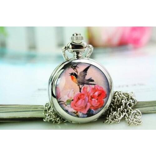 Lovely birds rose Silver Mini Quarzt Pocket Watch Enamel Kid Women Girl Necklace Pendant Gifts PJ25