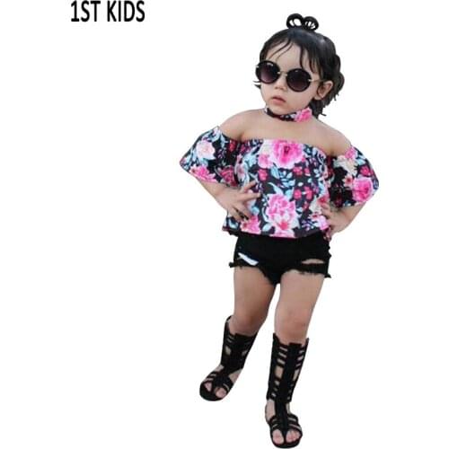 2021 ins new Summer sets for girls Shirt with flowers + Shorts 2 items Sets fashionable childrens tops pants with holesDCC018