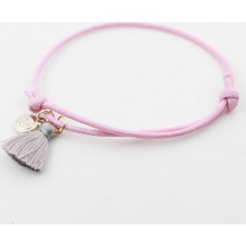 Simple Shape Lucky Bracelet Smile Face Gold Color Pendant Tin pink Thread String Rope Charm Bracelet Adjustable BZB1012