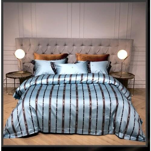 Luxury Digital printing Egyeptia cotton Blue Royal Bedding set Queen King Stripes Duvet cover Bed sheet set Pillowcases 4pcs