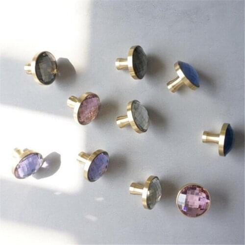 Light Luxury Crystal Brass Handle Pure Copper Single Hole Wardrobe Shoe Cabinet Door Knob Handles Round Drawer Pulls