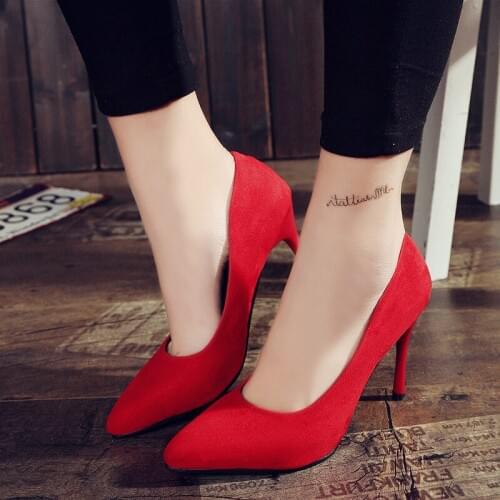 Women Shoe Red Shoes 8cm Heel Woman Flock High Heels Women Pumps Ladies Office Shoes Pointed Toe Summer Heels Ladies Shoes
