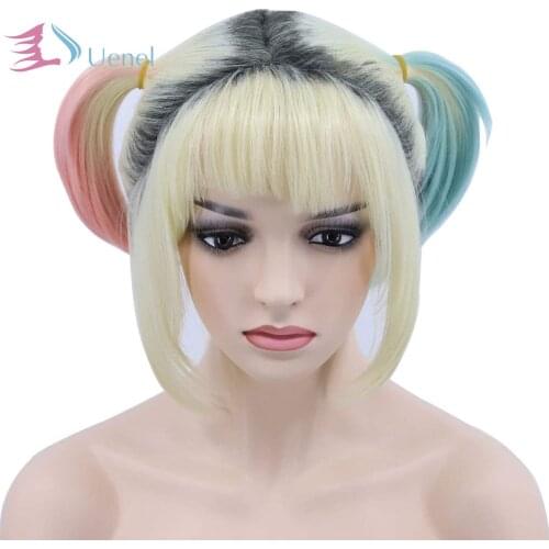 Uenel Short Blond Full Hair,Bang Costume Dark Root Wig with Pink and Mint 2 Ponytails Pink Blue Wig
