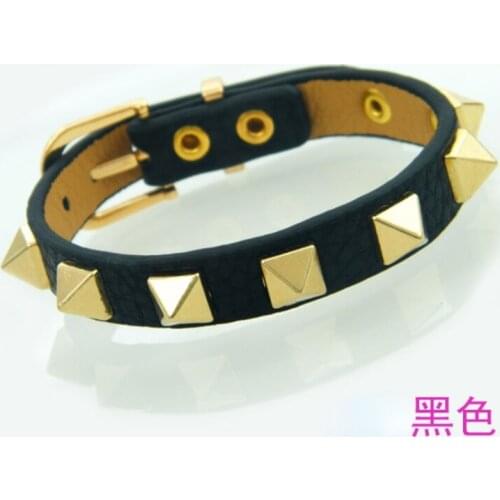 High quality punk style 8 rivets single ring PU leather litchi grain alloy belt bracelet fashion men and women lovers bracelet