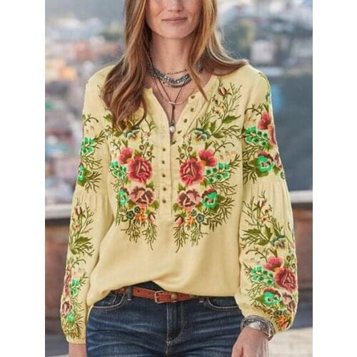 Plus size 5xl Womens Blouse Shirt Floral Flower Long Sleeve Button V Neck Tops Blue Yellow Pink green Loose Basic Top