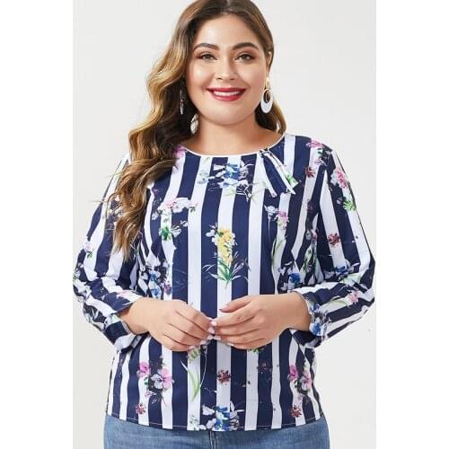 2020 Autumn Womens Plus Size Long sleeve Pullover blouses fashion ladies Vintage elegant mom Plus Size Printed stripe Tops