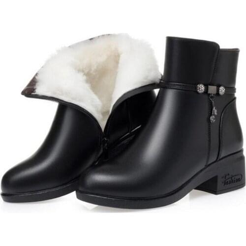 2021 New Winter Warm Comfortable Plush or Wool Snow Boots Women Ankle Boots Thick Heel Real Leather Shoes Woman Fashion Boots