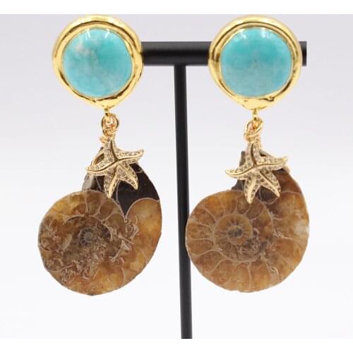 GG Jewelry Natural Conch fossil CZ Pave Starfish Gold Plated Blue Turquoise Stud Earrings Handmade For Women