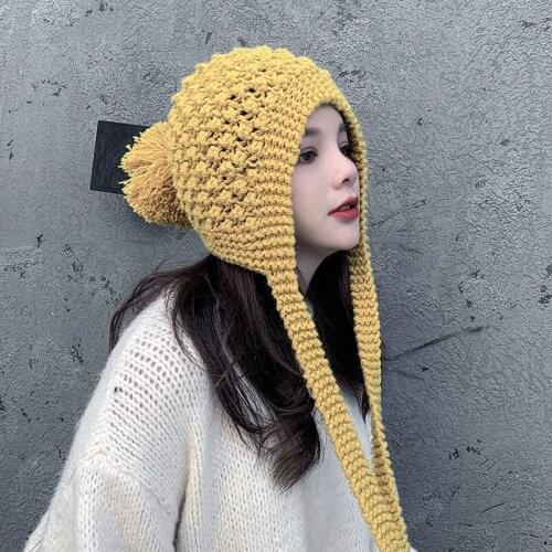 Women Winter Sweet Bomber Hats Warm Thick Knitted Warm Ear Protector Lace Caps Snow Hat